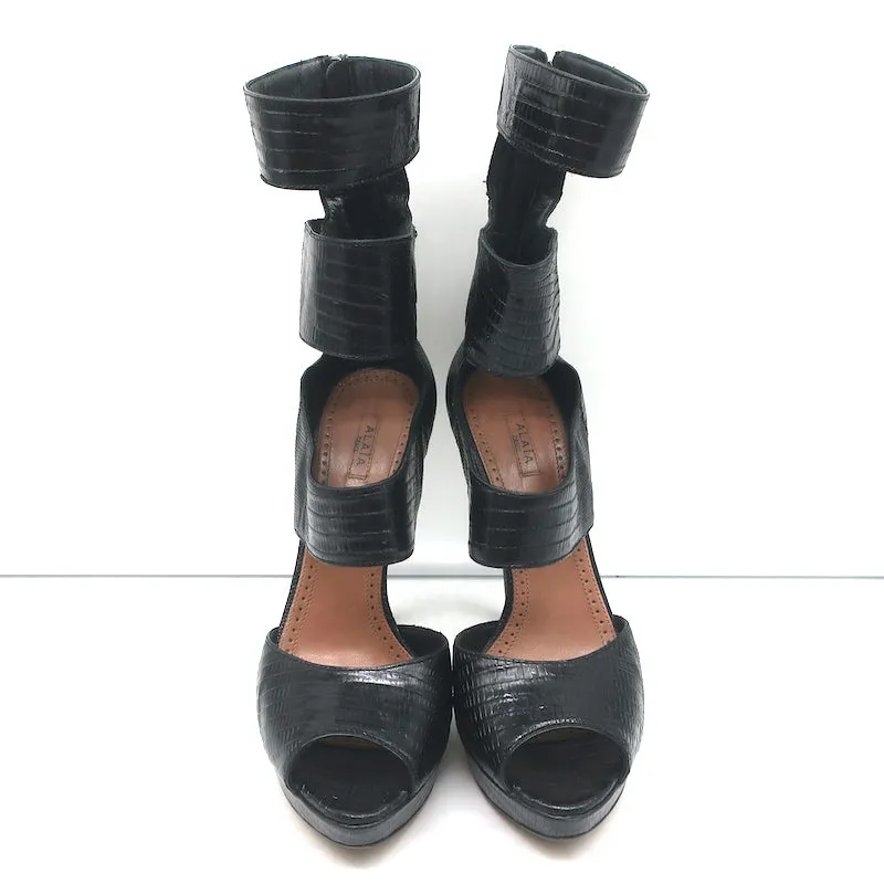 Alaia Cutout Platform Boots Black Lizard-Embossed Leather Size 38.5