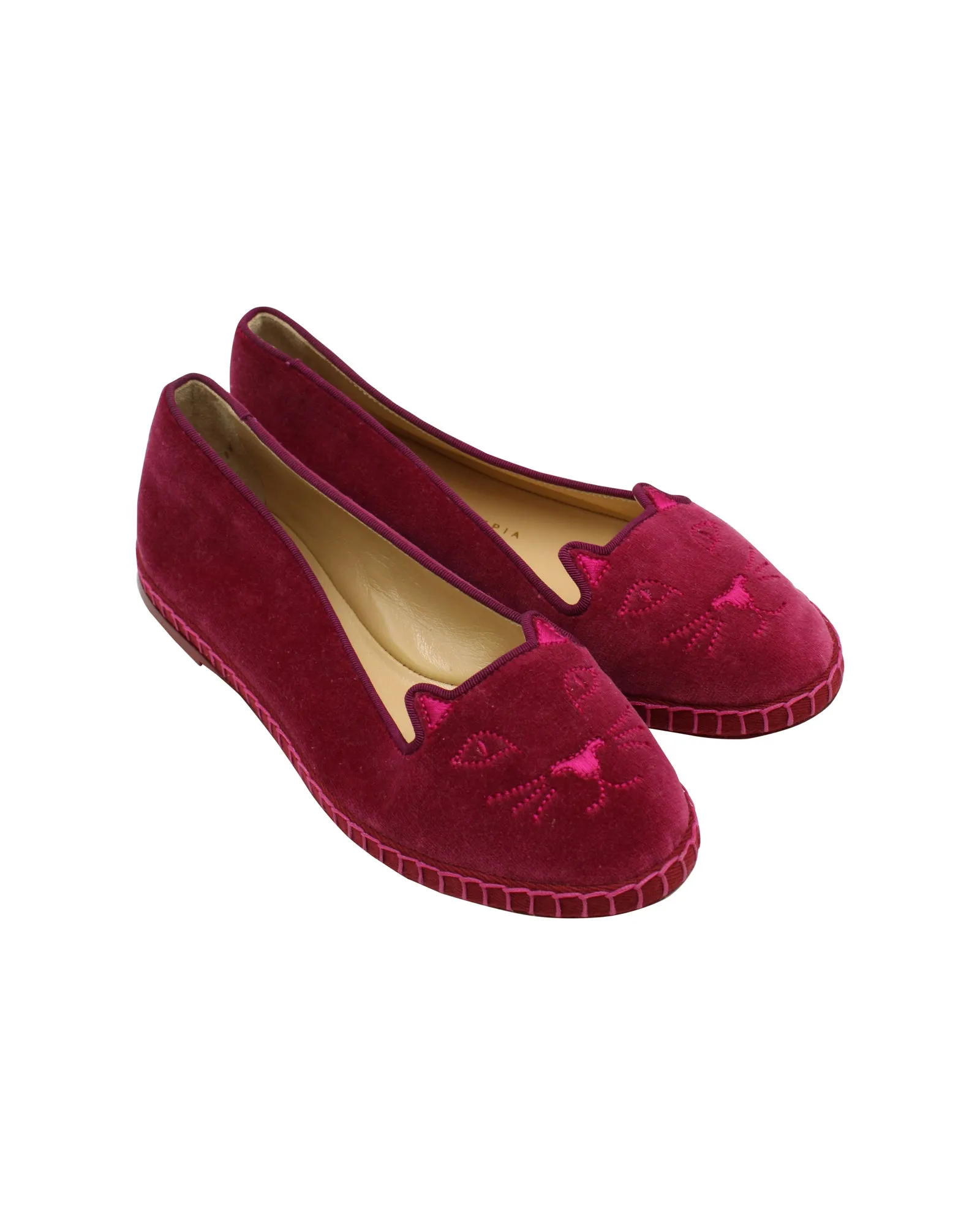 Charlotte Olympia Kitty Espadrilles in Raspberry Red Velvet