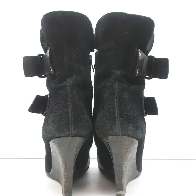 Givenchy Wedge Ankle Boots Black Buckled Suede Size 36.5 Pointed Toe
