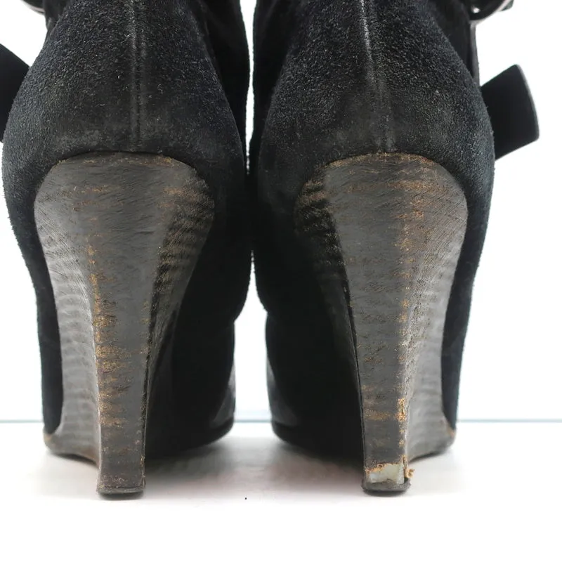 Givenchy Wedge Ankle Boots Black Buckled Suede Size 36.5 Pointed Toe