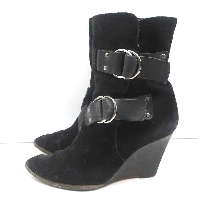 Givenchy Wedge Ankle Boots Black Buckled Suede Size 36.5 Pointed Toe