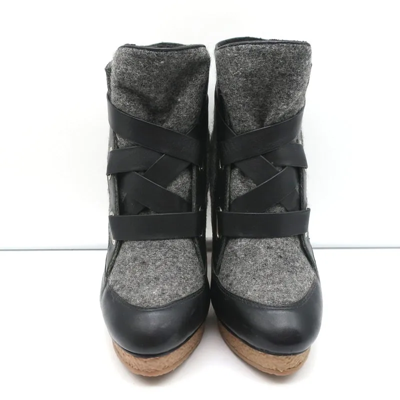 Loeffler Randall Platform Ankle Boots Serena Black Leather & Gray Flannel Size 8
