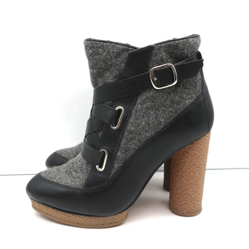 Loeffler Randall Platform Ankle Boots Serena Black Leather & Gray Flannel Size 8