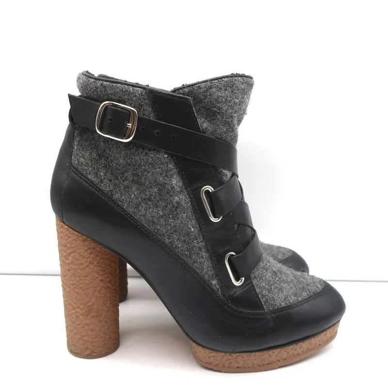 Loeffler Randall Platform Ankle Boots Serena Black Leather & Gray Flannel Size 8