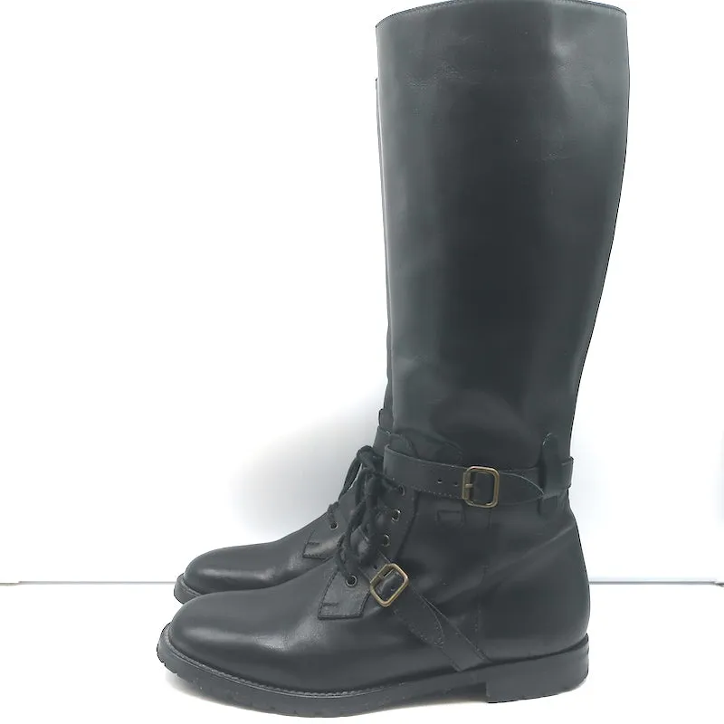 Manolo Blahnik Buckled Riding Boots Black Leather Size 38.5