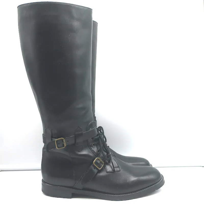 Manolo Blahnik Buckled Riding Boots Black Leather Size 38.5