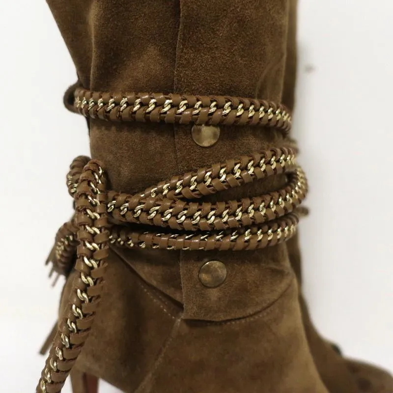 Monika Chiang Braided Chain Boots Armena Brown Suede Size 35 Open Toe Heel