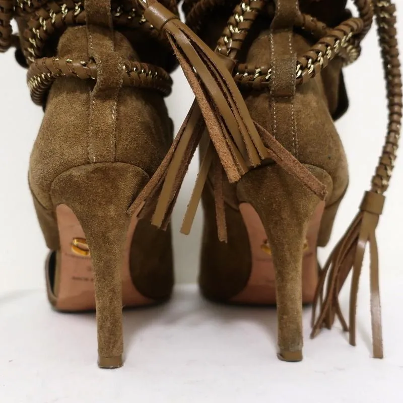 Monika Chiang Braided Chain Boots Armena Brown Suede Size 35 Open Toe Heel