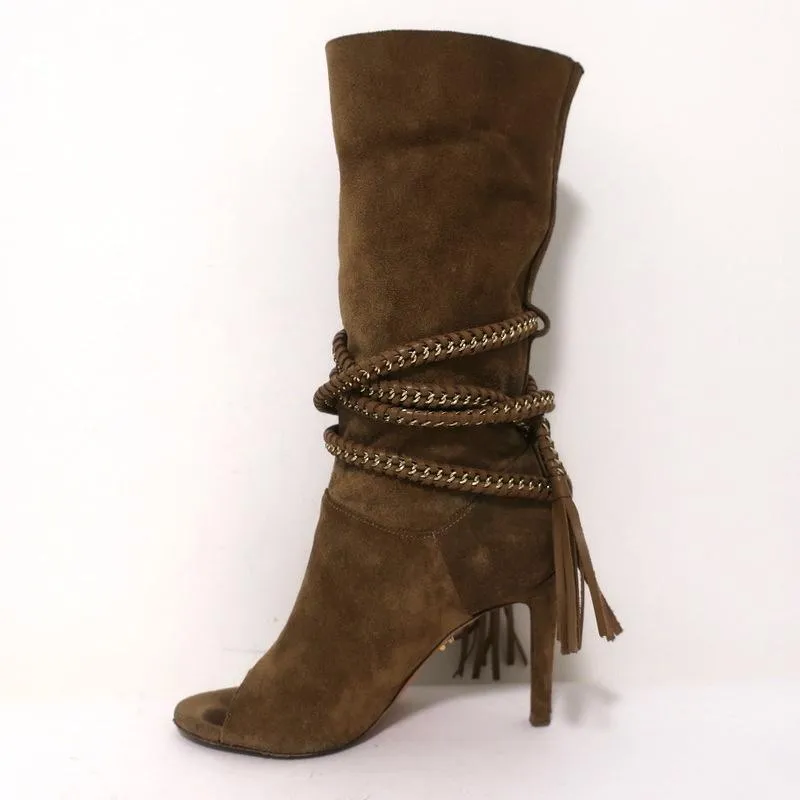 Monika Chiang Braided Chain Boots Armena Brown Suede Size 35 Open Toe Heel