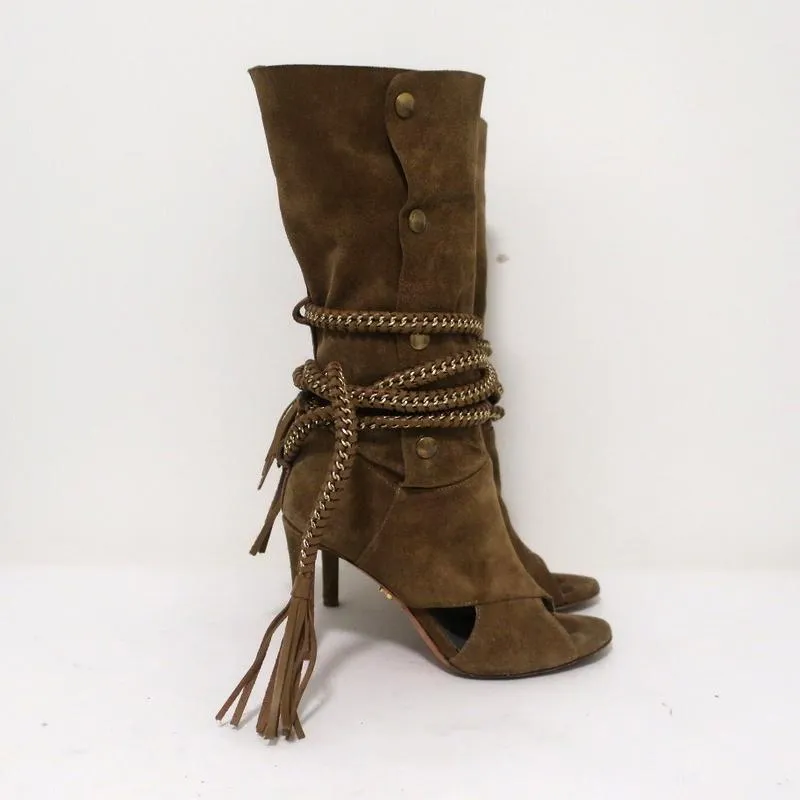 Monika Chiang Braided Chain Boots Armena Brown Suede Size 35 Open Toe Heel