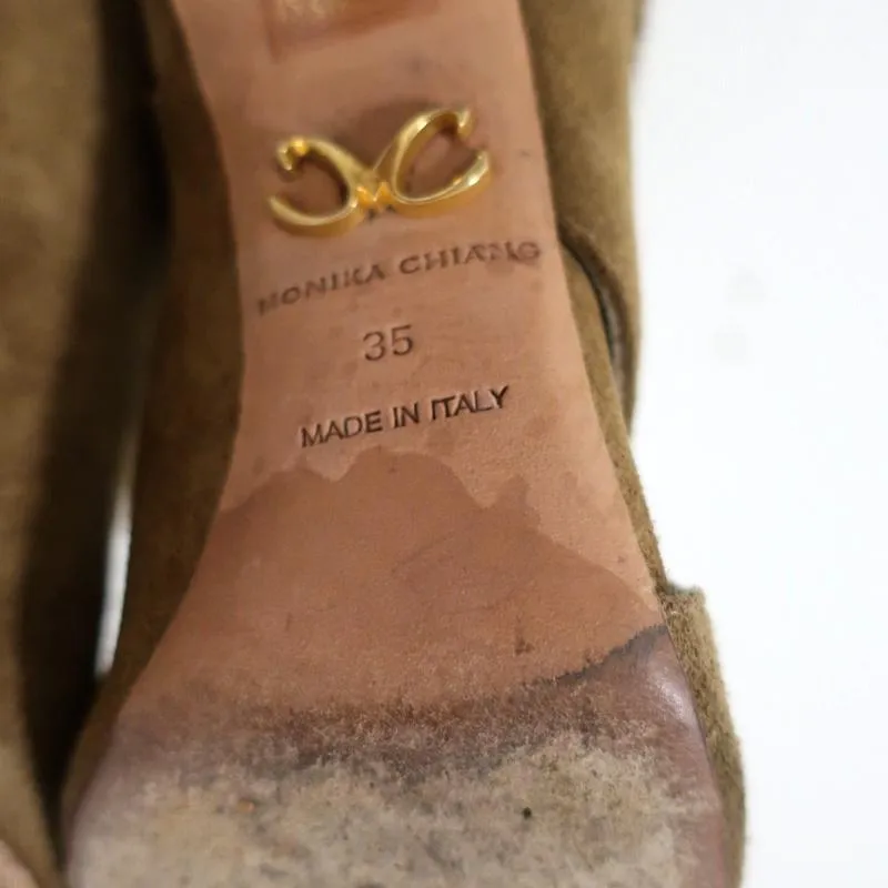 Monika Chiang Braided Chain Boots Armena Brown Suede Size 35 Open Toe Heel