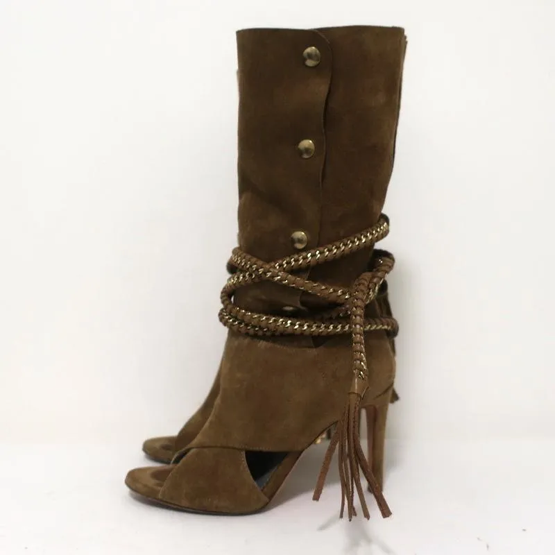 Monika Chiang Braided Chain Boots Armena Brown Suede Size 35 Open Toe Heel