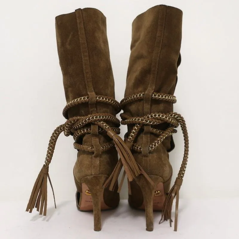Monika Chiang Braided Chain Boots Armena Brown Suede Size 35 Open Toe Heel