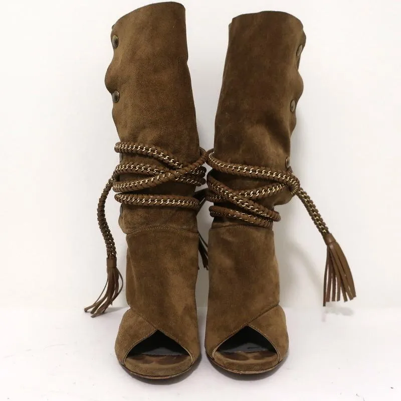 Monika Chiang Braided Chain Boots Armena Brown Suede Size 35 Open Toe Heel