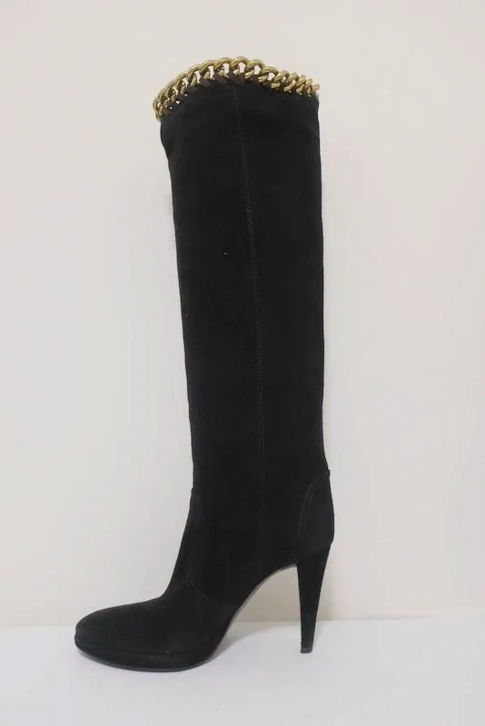 Sergio Rossi Chain-Embellished Knee High Boots Black Suede Size 36 Platform Heel