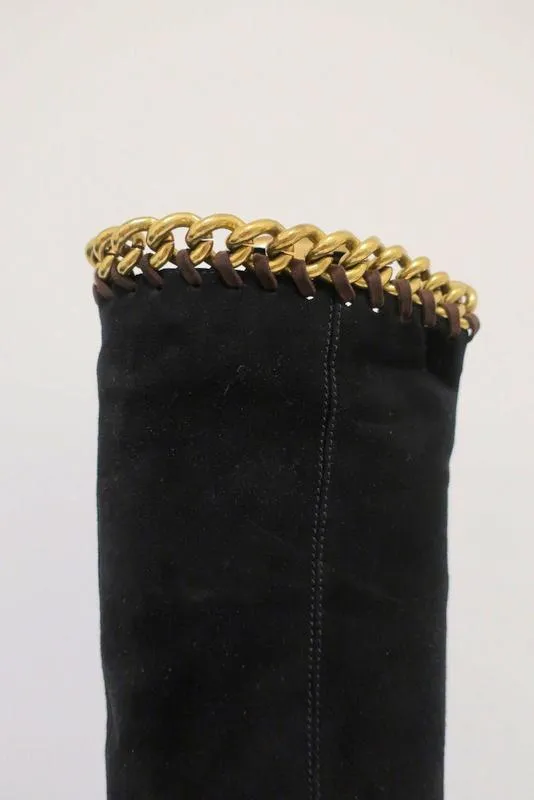 Sergio Rossi Chain-Embellished Knee High Boots Black Suede Size 36 Platform Heel