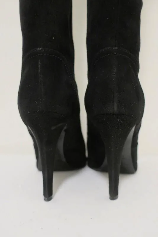 Sergio Rossi Chain-Embellished Knee High Boots Black Suede Size 36 Platform Heel
