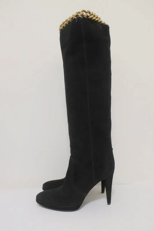 Sergio Rossi Chain-Embellished Knee High Boots Black Suede Size 36 Platform Heel
