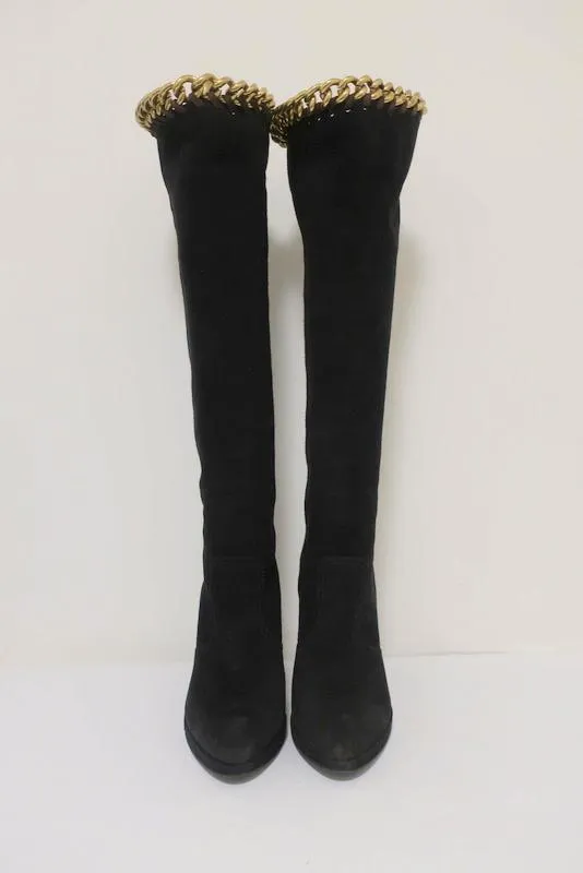 Sergio Rossi Chain-Embellished Knee High Boots Black Suede Size 36 Platform Heel