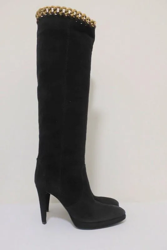 Sergio Rossi Chain-Embellished Knee High Boots Black Suede Size 36 Platform Heel